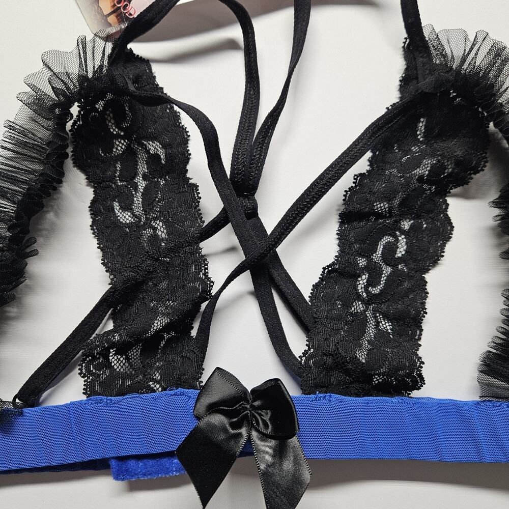 Shirley of Hollywood Open Cups Blue Black Lace Mesh Lingerie Sz Large NWT - Picture 2 of 7